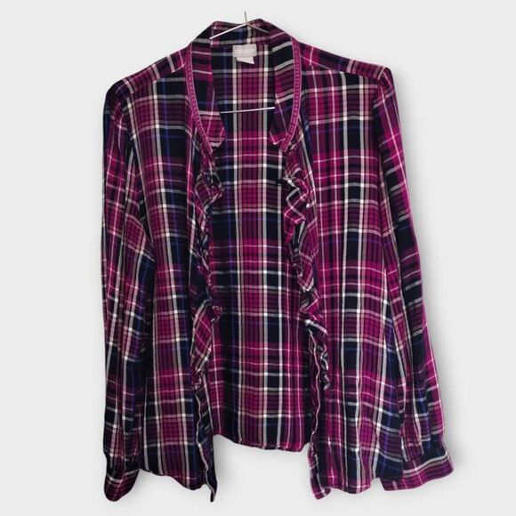 Chicos Womens Blouse Sz 12 Flannel Ruffles Button Shirt Purple Preppy #570315357 - Picture 4 of 16